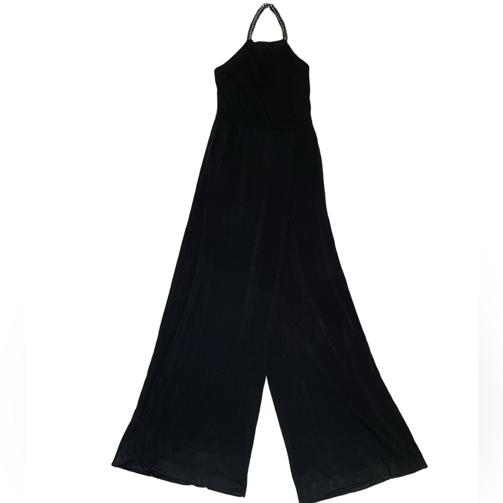 Mango Black gunmetal accent Halter asymmetric Evening widleg Jumpsuit Womens S